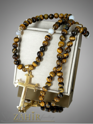 Ръчно изработено колие от естествен камък тигрово око - 65  или 70 см с трислоен позлатен стоманен кръст 6 на 4 см - MK1208